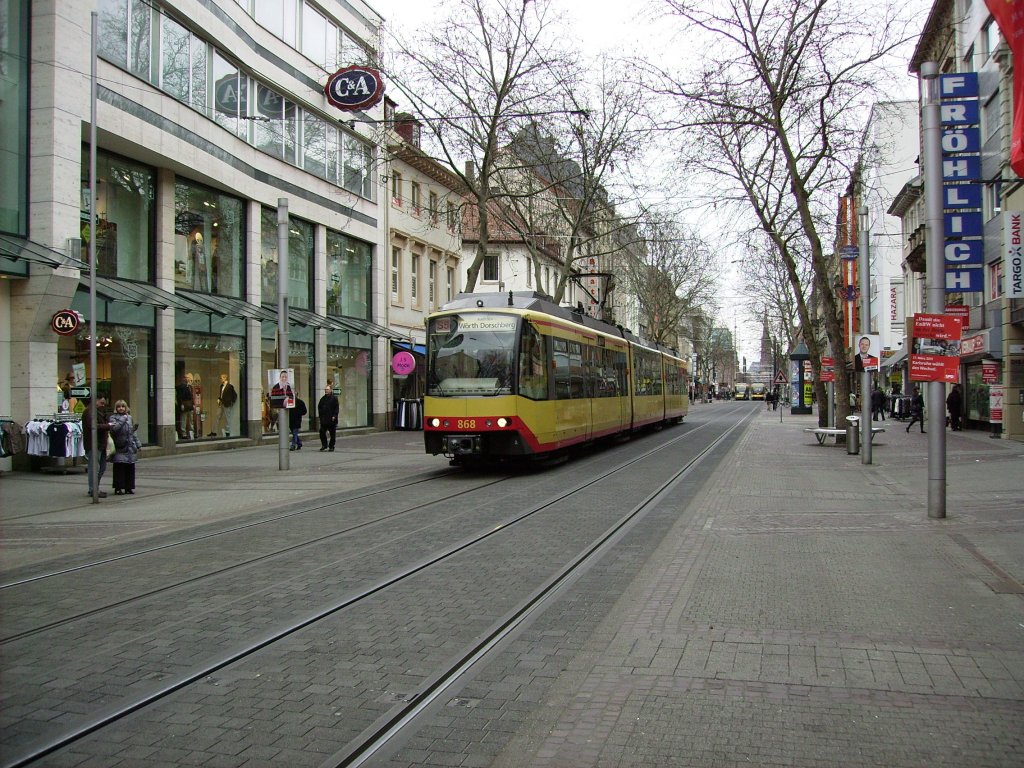 AVG Stadtbahn 868 am 16.02.2011 in der Kaiserstrae in Karlsruhe, kurz vor der Haltestelle Marktplatz, als S5 auf dem Weg nach Wrth.