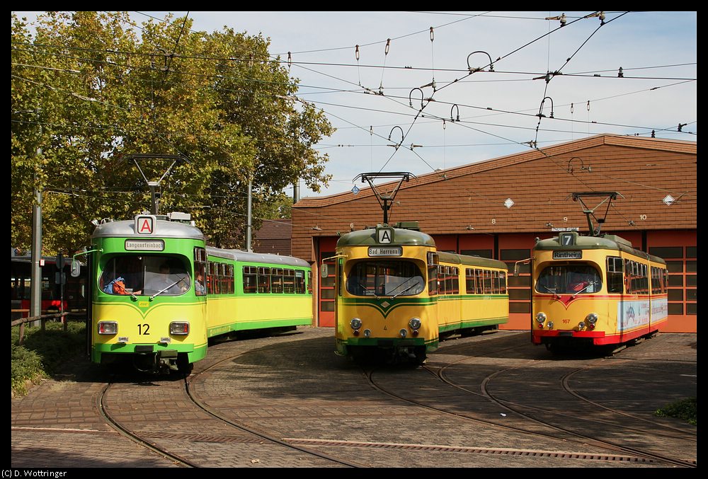AVG Wagen 12 und 4 sowie der VBK Wagen 167 am 12.09. im Karlsruher Betriebshof Tullastrae.