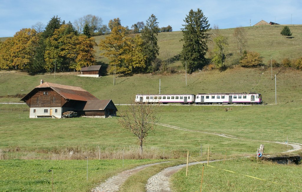 Bahn und Landschaft: TPF Regionalzug N 12 bei Vuadens. 
27. Oktober 2009