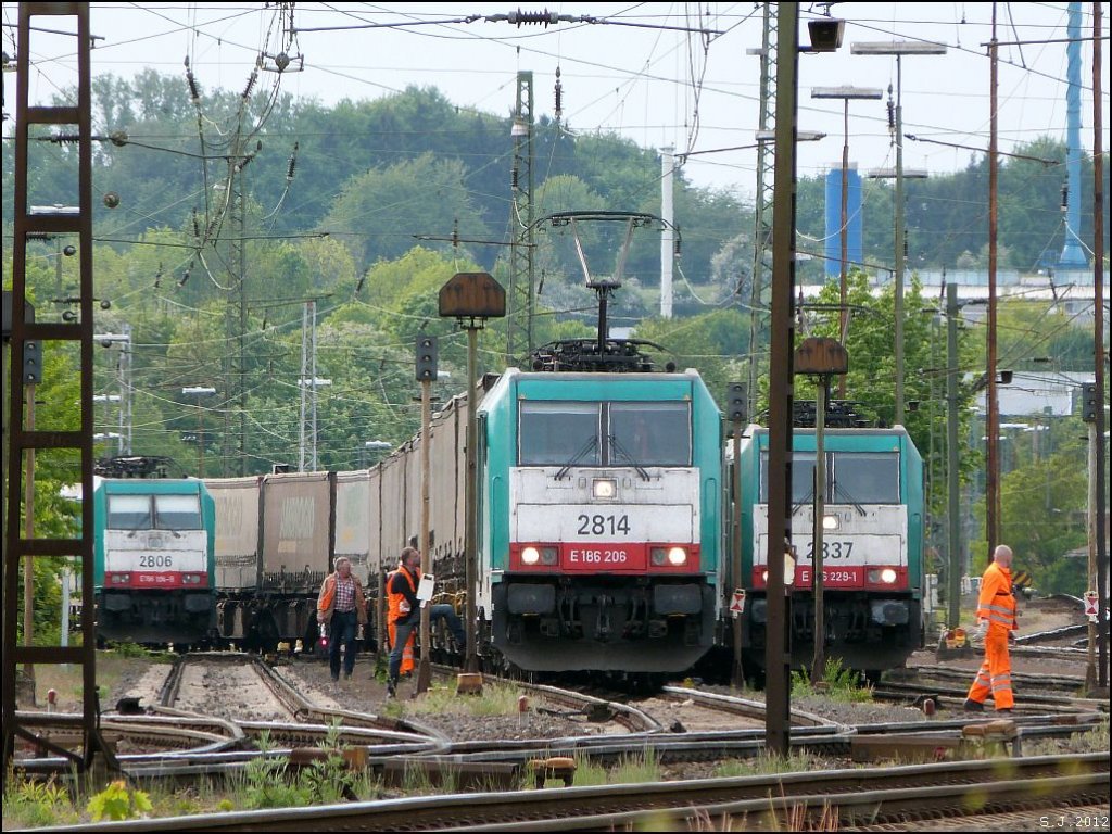 Bahnalltag im Aachener Westbahnhof. Eine belgische Flotte von Cobras wartet auf 
Ausfahrt, Juni 2012.