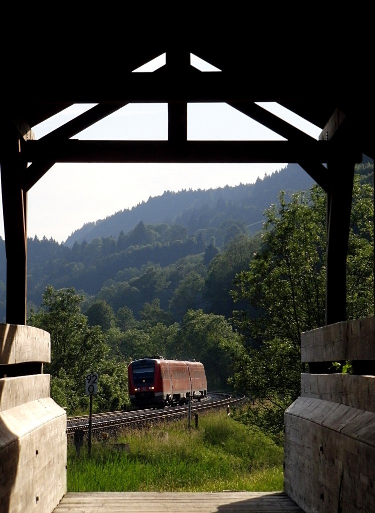 Bahnbild mit Brckendurchblick. RE 3998 von Wangen (Allgu) nach Ulm wurde zwischen Oberstaufen und Immenstadt von der Brcke des am Alpsee entlang fhrenden (Bodensee-Knigssee-) Radwegs aus fotografiert (Nhe Ratholz, 18.06.2012).