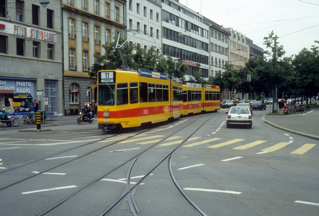 Basel BLT Tram 11 (Be 4/6 204) Sankt Jakobs-Strasse / Aeschenplatz am 7. Juli 1990.