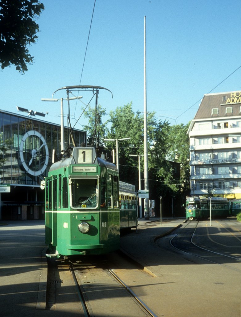 Basel BVB Tram 1 (Be 4/4 408) Messeplatz am 30. Juni 1987.