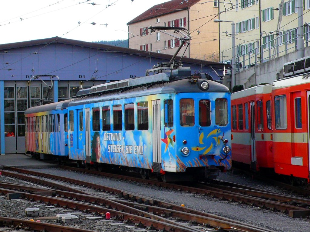 Bde 4/4 7 inkl. Partywagen vor dem Depot in Speicher am 23.11.09
