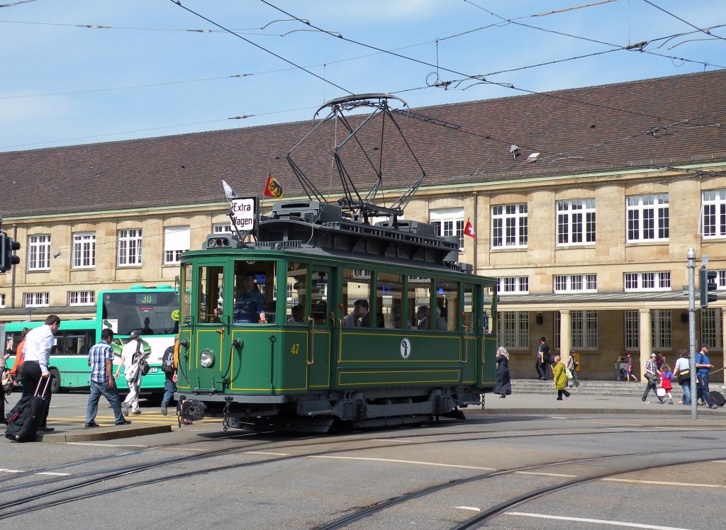 Be 2/2 mit der Betriebsnummer 47 auf einer Extrafahrt am Badischen Bahnhof. Die Aufnahme stammt vom 08.05.2013.