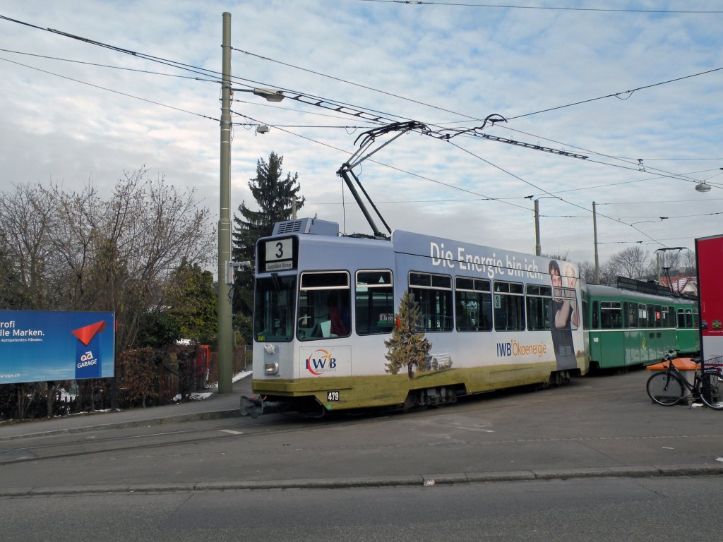 Be 4/4 479 mit der IWB Werbung an der Endhaltestelle in Birsfelden Hard. Die Aufnahme stammt vom 24.01.2011.