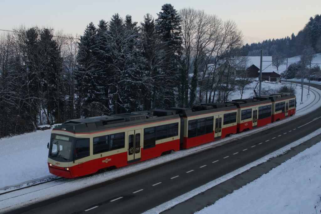 Be 4/6 65 und Be 4/6 64 fahren am 4.12.10 von Neuhaus Richtung Scheuren.