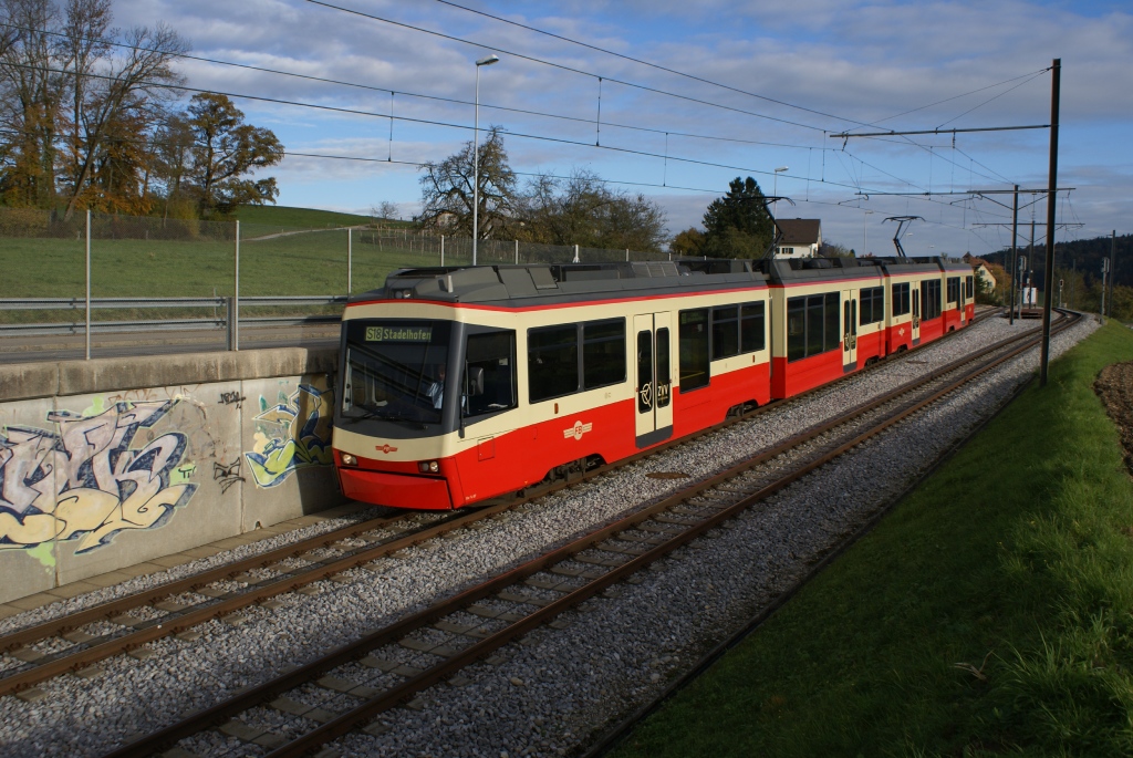Be 4/6 67 und Be 4/6 65 fahren am 28.10.10 als Eilzug ohne Halt zwischen Forch und Rehalp von Neue Forch Richtung Maiacher.