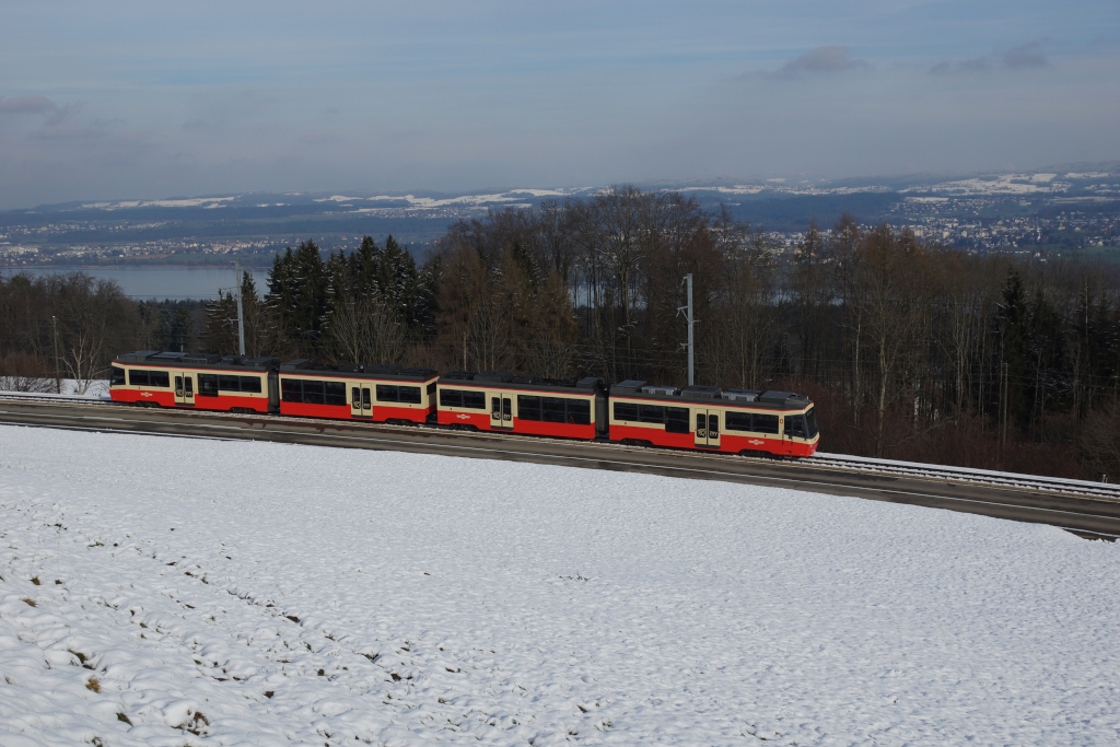 Be 4/6 71 und Be 4/6 65 befinden sich am 12.01.2013 zwischen Scheuren und Neuhaus.
