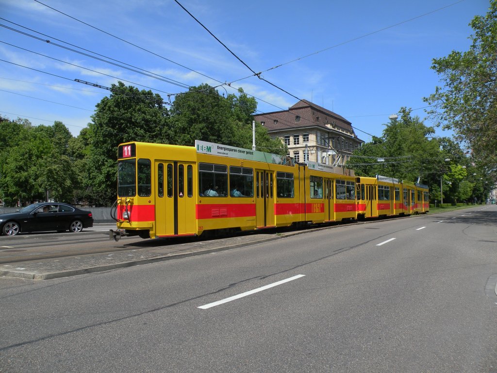 Be 4/6 mit der Betriebsnummer 263 und ein Be 4/8 auf der Lnie 11 fahren zum Aeschenplatz. Die Aufnahme stammt vom 20.05.2012.