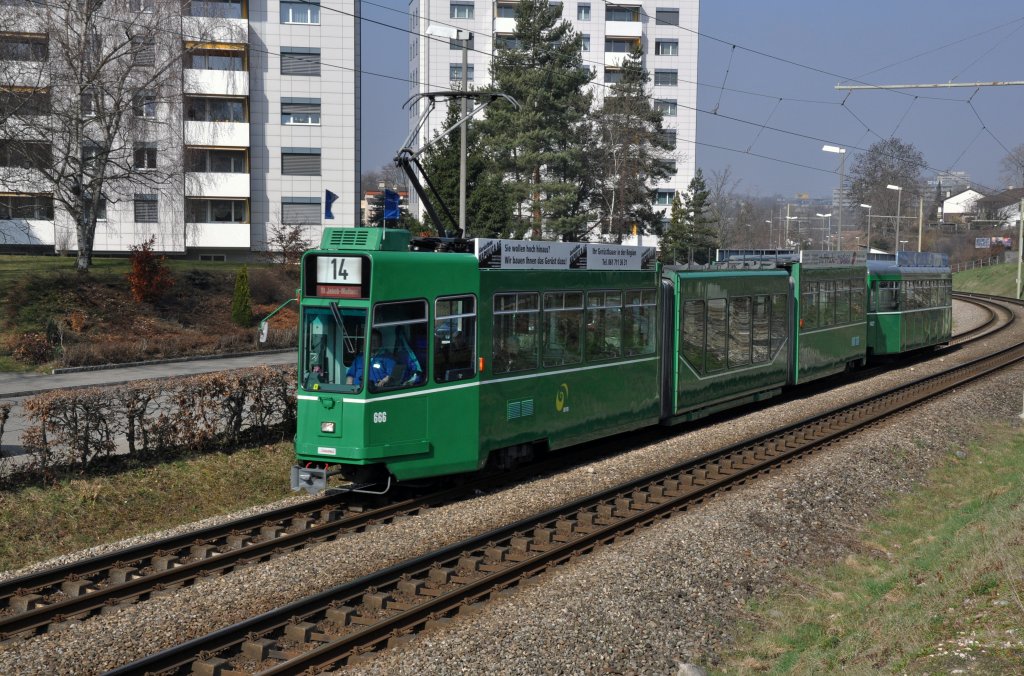 Be 4/6S mit der Betriebsnummer 666 und der B4 1437 auf der Linie 14 zwischen den Haltestelle Feidorf und Kppeli. Die Aufnahme stammt vom 13.03.2012.


