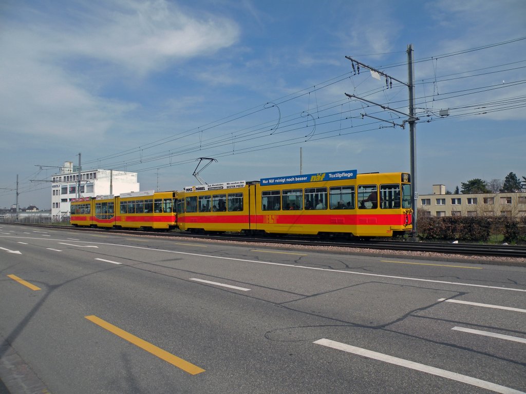 Be 4/8 202 und Be 4/6 265 in voler Fahrt auf der Linie 10 Richtung Haltestelle Mnchensteinerstrasse. Die Aufnahme stammt vom 15.03.2011.
