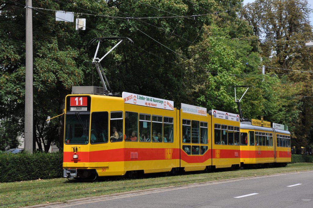 Be 4/8 243 und Be 4/6 114 auf der Linie 11 fhrt zum Lichtsignal beim Bahnhof SBB. Die Aufnahme stammt vom 13.08.2011.