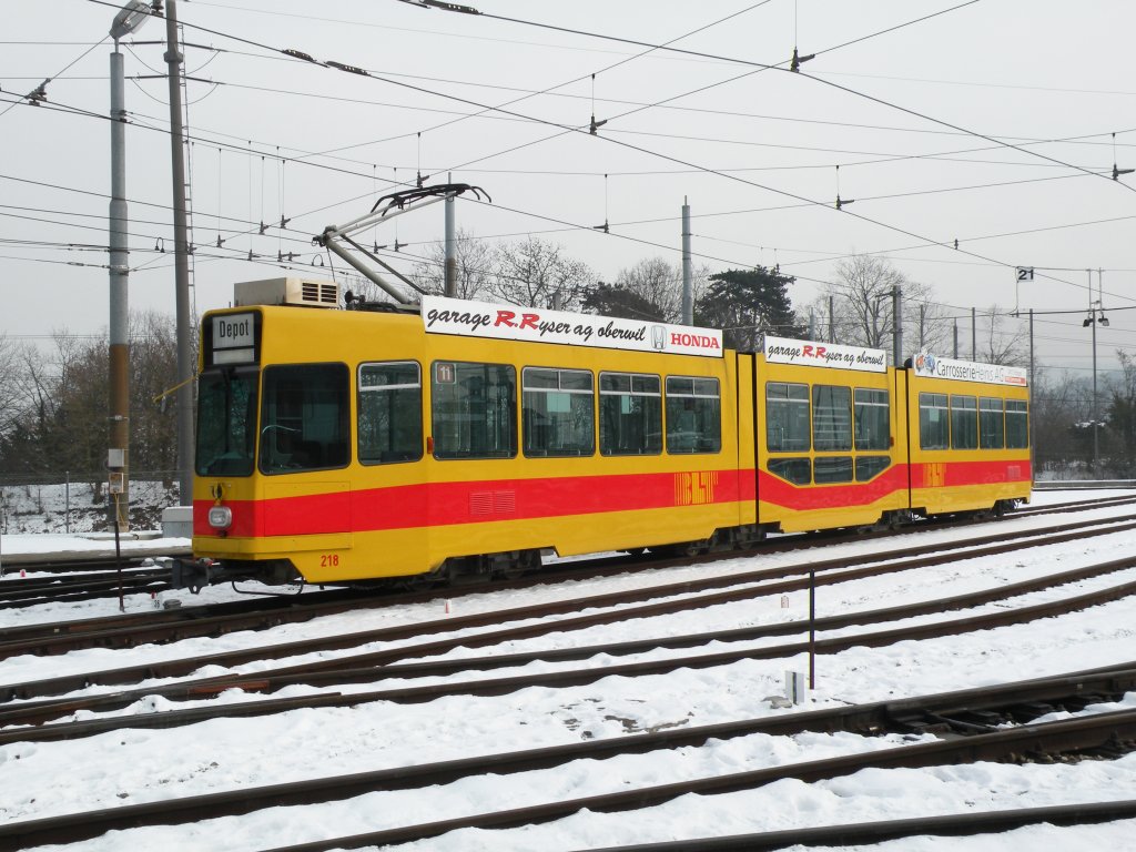 Be 4/8 mit der Betriebsnummer 218 auf dem Hof des Depots Ruchfeld. Die Aufnahme stammt vom 09.02.2012.
