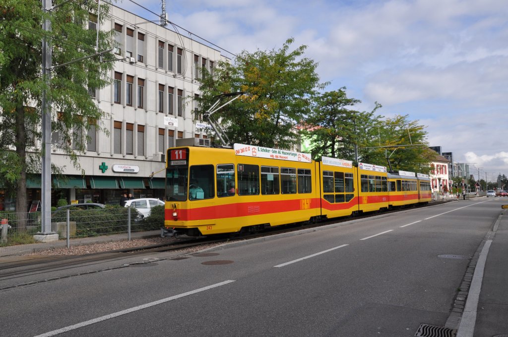 Be 4/8 mit der Betriebsnummer 243 und der Be 4/6 111 fahren zur Endstation in Aesch auf der Linie 11. Die Aufnahme stammt vom 16.08.2011.