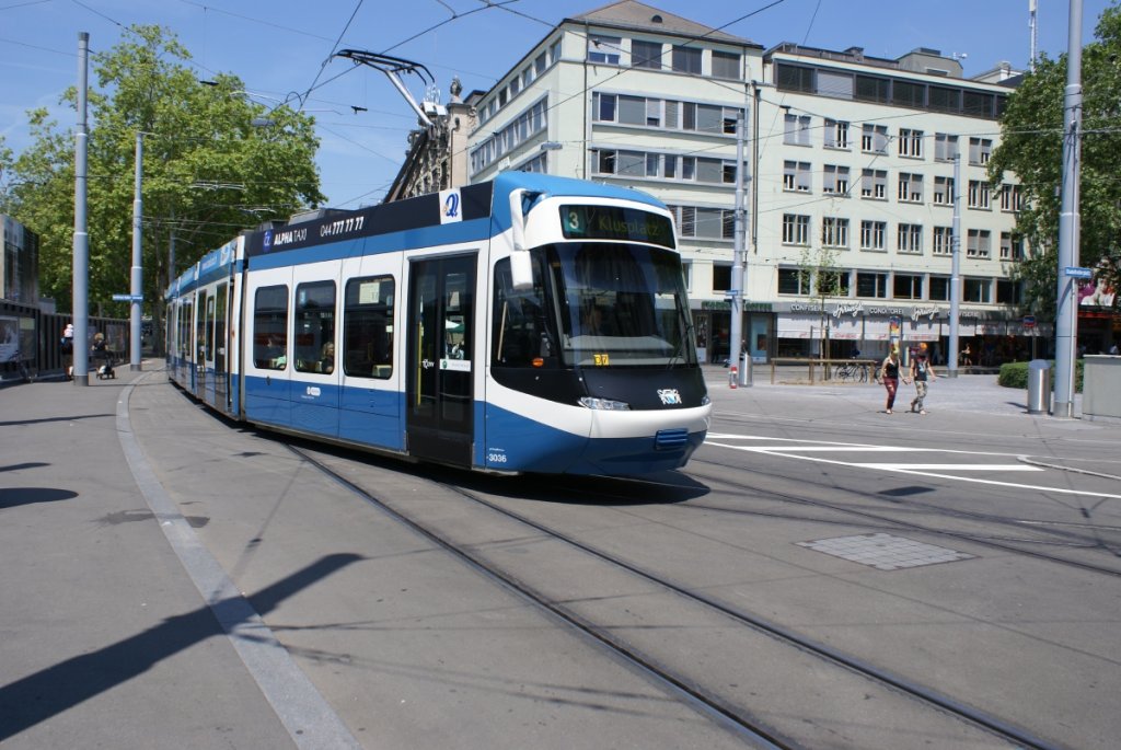 Be 5/6 3036 am 26.6.10 beim Bahnhof Stadelhofen. Wegen einer Baustelle beim Kunsthaus wurde die Linie 3 an diesem Wochenende ber Bahnhof Stadelhofen nach Klusplatz umgeleitet.