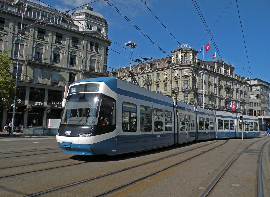 Be 5/6 Cobra mit der Betriebsnummer 3020 auf der Linie 14 am Hauptbahnhof Zrich. Die Aufnahme stammt vom 23.06.2012.