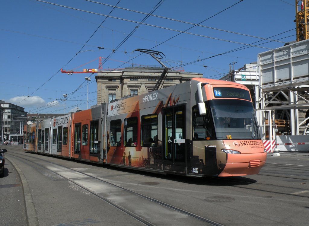 Be 5/6 Cobra mit der Betriebsnummer 3087 und der Vollwerbung fr Swissquote auf der Linie 14 am Hauptbahnhof Zrich. Die Aufnahme stammt vom 23.06.2012. 

