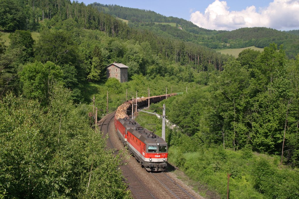 Bei der Einfahrt in den Steinbauer-Tunnel befinden sich 1144.100+111 mit G-56521 am 8.6.13.