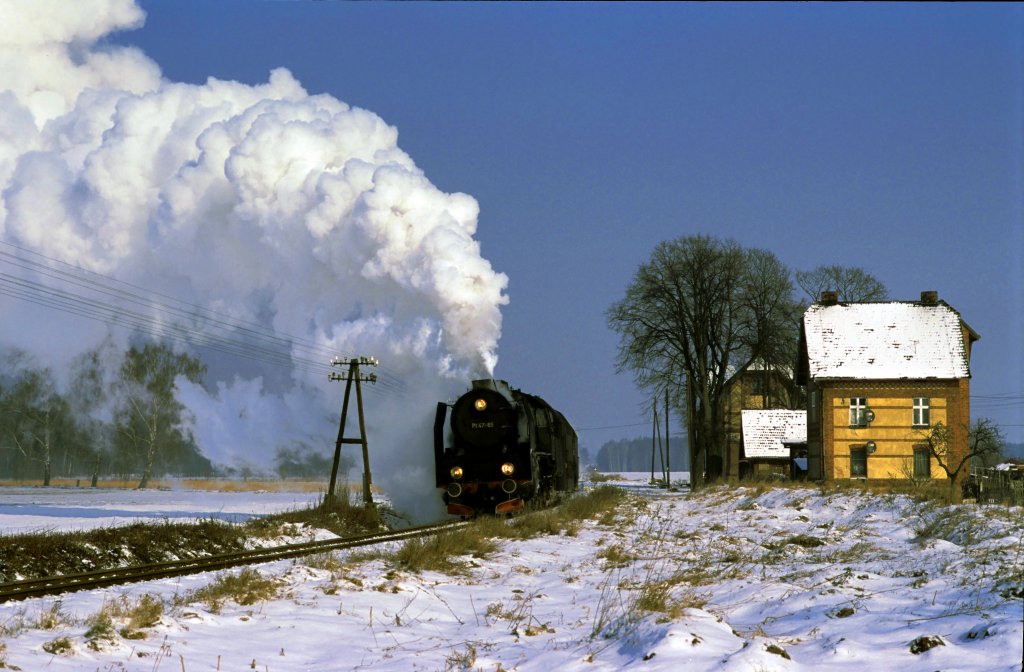 Bei eisiger Klte setzt sich Pt47-65 mit ihrem Personenzug von Poznan Richtung Wolsztyn in Bewegung. Die Reisenden haben es sich bereits in ihren beheizten Abteilen gemtlich gemacht.

Polen, Feb. 2010 (Diascan)