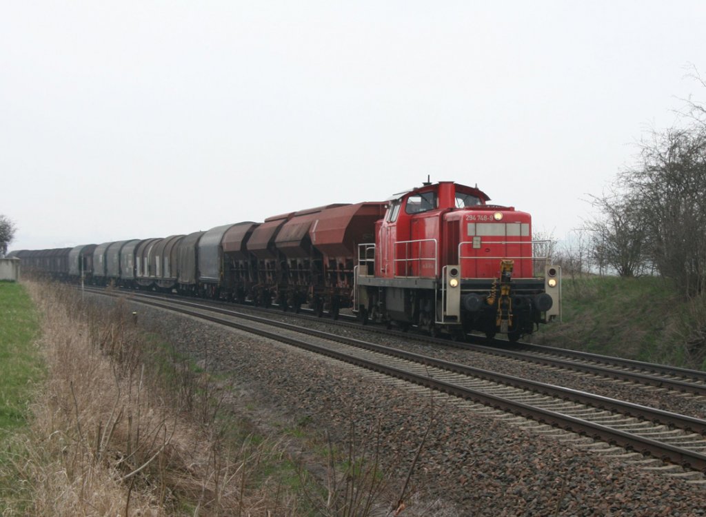 Bei etwas tr�ben Wetter fuhr mir 294 748 mit einen kurzen G�terzug am Haken vor die Linse.Obermylau(Vogtl.)14.04.2010.