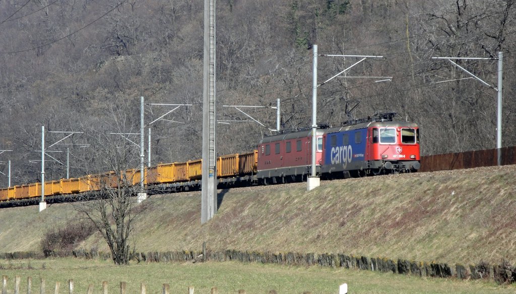 Bei Giornico fhrt am 12.03.2010 ein Gterzug mit der Re 421 390-6 und der Re 6/6 11602  Morges  talwrts. Unbentigte deutsch/sterreichische Stromabnehmer sind momentan am Gotthard keine Seltenheit.