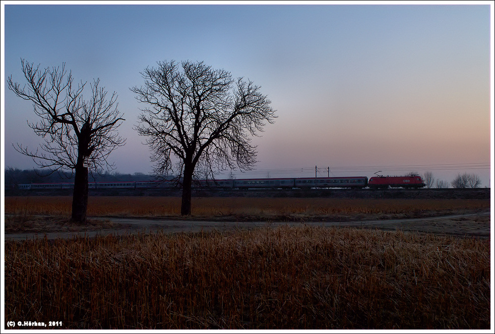 Bei Leobersdorf fhrt diese 1116 den BB EC 731 KELAG Energie Express durch den frhen Morgen des 27.2.2011