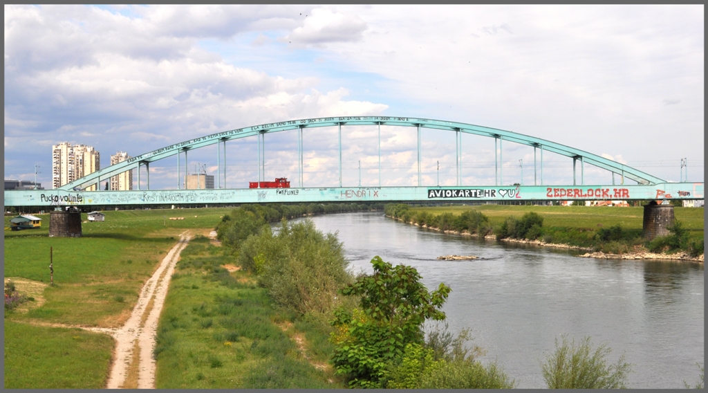 Bei der Tramendhaltestelle Savski Most berquert diese Brcke die Save. auf welcher eine Rangierlok BR2132 unterwegs ist. (02.07.2011)