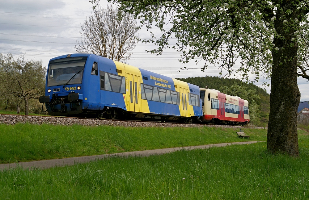 Beim Jubiläum  10 Jahre Naldo ,  100 Jahre Bahnstrecke Balingen-Schömberg  am 29. April 2012 pendelten VT 44 und 47 auf der Strecke im Stundentakt. Hier zwischen Endingen und Erzingen.