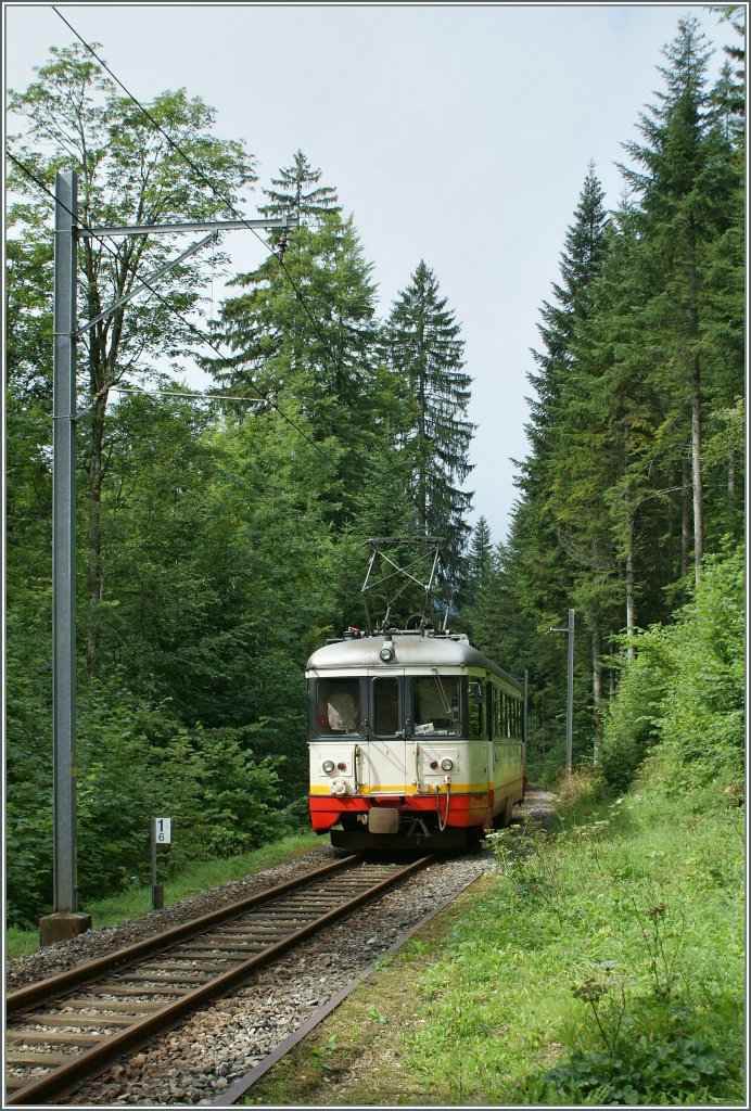 Beim Kilometer 1.6, mitten im Wald kurz nach dem Halt Les Frêtes konnte ich am 19. August 2010 den cnm BDe 4/4 N° 5 fotografieren.