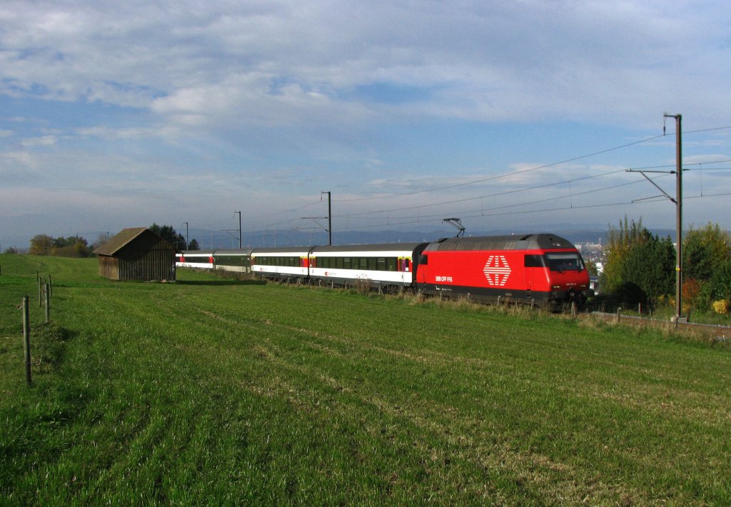 Beinahe auf Seehhe in Konstanz gestartet, hat Re 460 052 mit IR 9068 (Konstanz-Biel/Bienne) bereits einige Hhenmeter hinter sich gebracht und fhrt hier zwischen Bernrain und Lengwil dem Thurtal entgegen. (30.Oktober 2010)