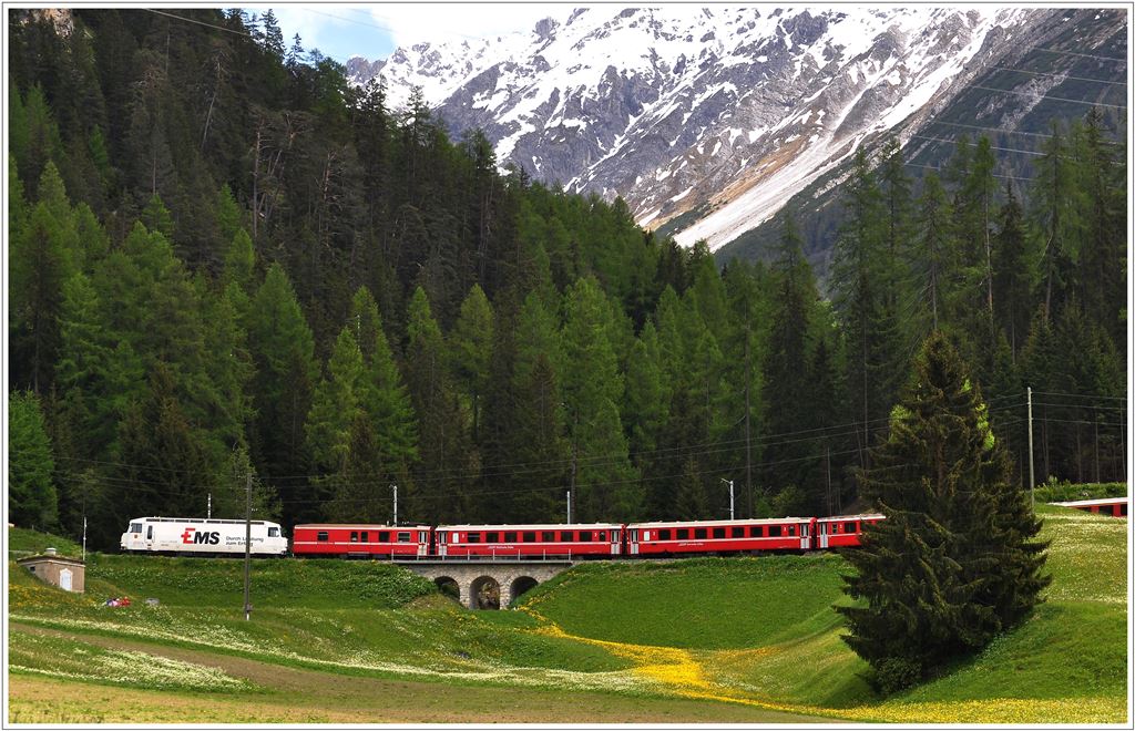 Bereits eine Schlaufe hher windet sich der RE1145 bei Bergn bergwrts. (12.06.2013)
