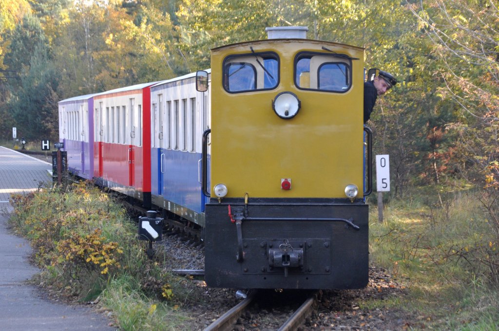 BERLIN, 23.10.2010, die Parkeisenbahn im Volkspark Wuhlheide bei der Ausfahrt aus dem Bahnhof Wuhlheide, wo in den gleichnamigen S-Bahnhof umgestiegen werden kann
