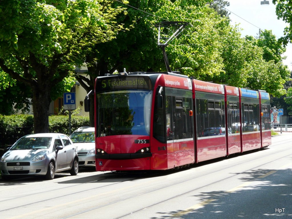 Bern Mobil - Tram Be 4/6 755 unterwegs auf der Linie 5 am 12.05.2010