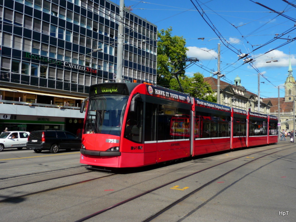 Bern mobil - Tram Be 4/6 758 unterwegs auf der Linie 7 in Bern am 09.09.2011