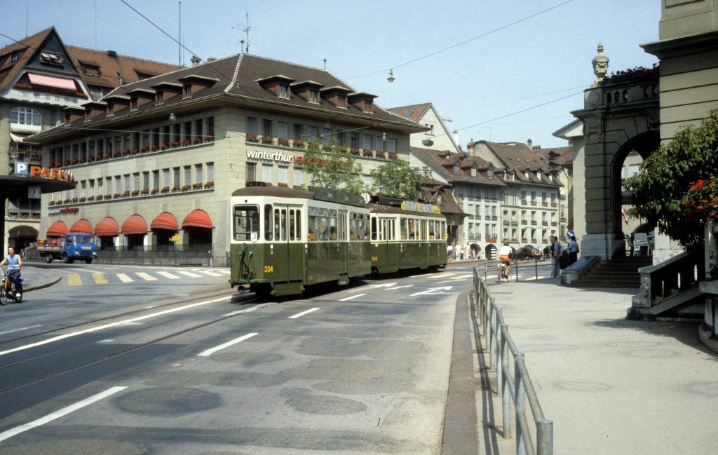 Bern SVB Tram 3 (B 334 + Be 4/4 108) Casinoplatz im Juli 1983.