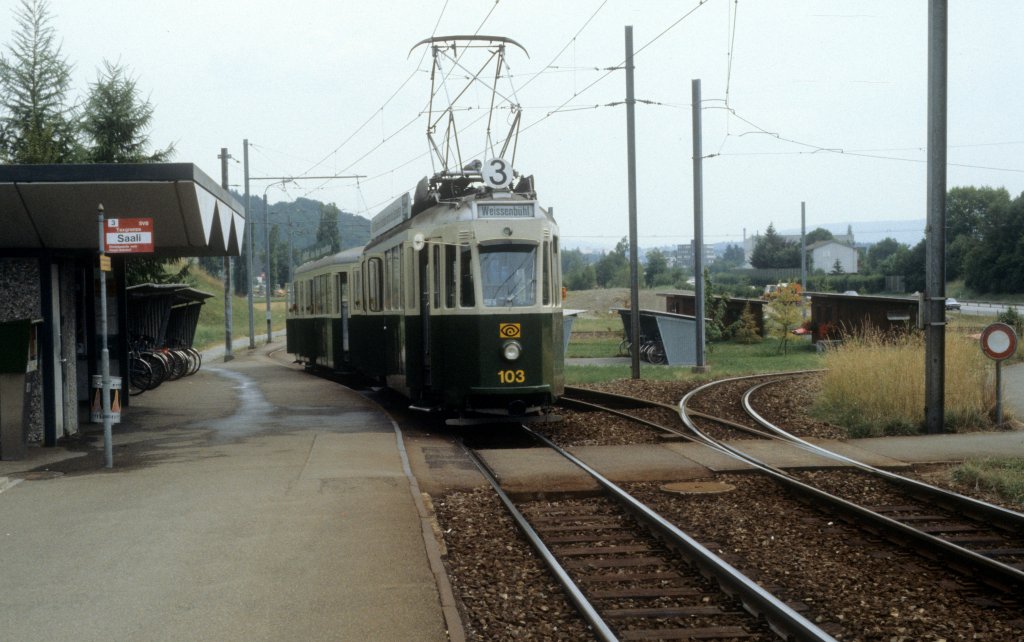 Bern SVB Tram 3 (Be 4/4 103) Saali im Juli 1983.
