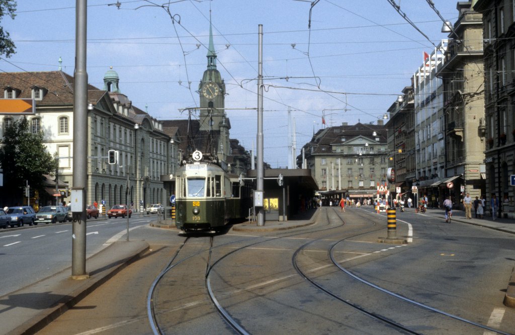 Bern SVB Tram 3 (Be 4/4 108) Bubenbergplatz im Juli 1983.