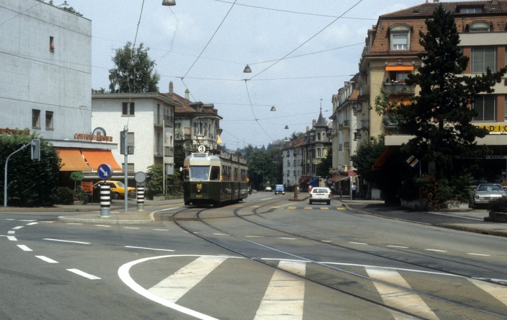 Bern SVB Tram 3 (Be 4/4 401) Seftigenstrasse / Weissensteinstrasse im Juli 1983.