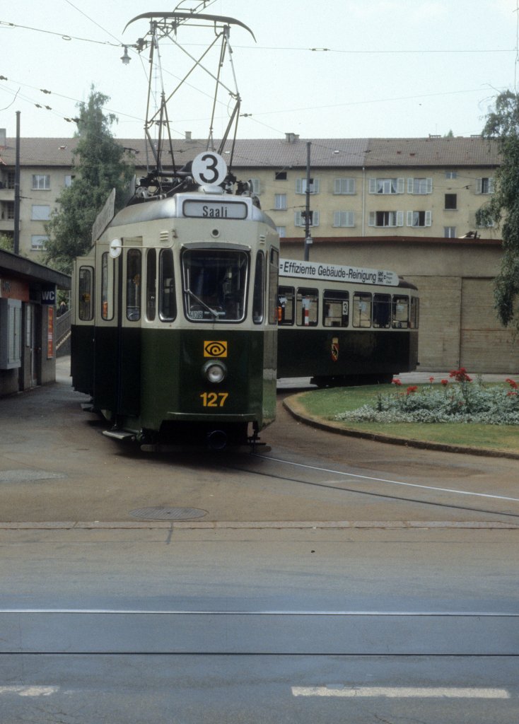 Bern SVB Tram 3 (Be 4/4 127) Weissenbhl (Endstation) im Juli 1983.