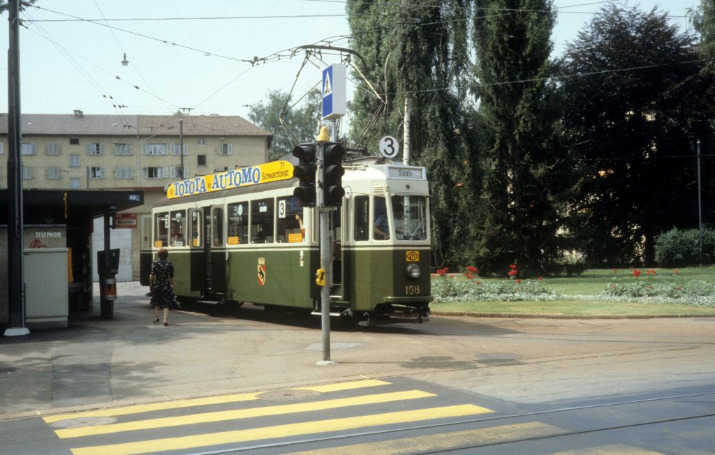 Bern SVB Tram 3 (Be 4/4 108) Weissenbhl (Endstation) im Juli 1983.