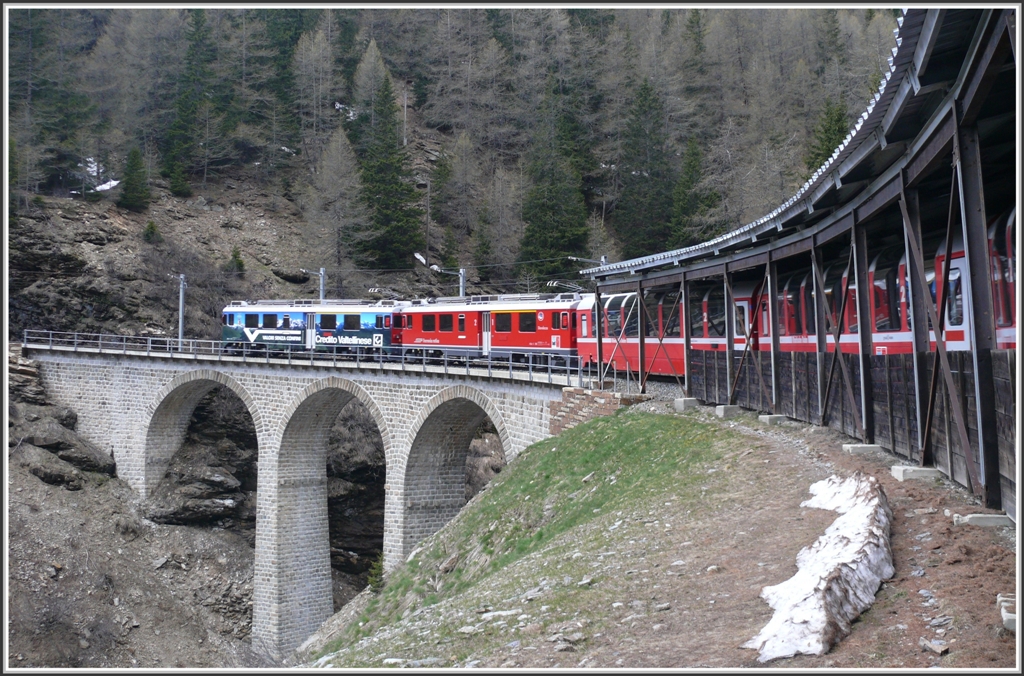 BerninaExpress 976 mit ABe 4/4 III 53  Tirano  und 55  Diavolezza  berquert soeben das Val da Pila. (20.05.2010)