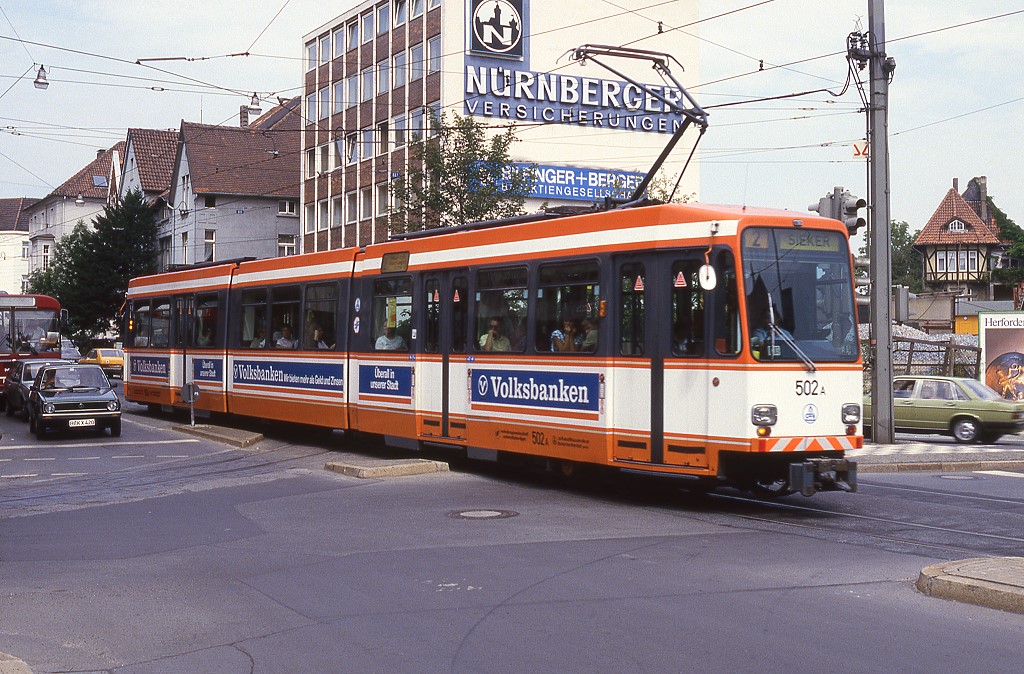 Bielefeld Tw 502 (spter Mainz Tw 277) am Berliner Platz (heute Willy Brandt Platz), 15.08.1986.