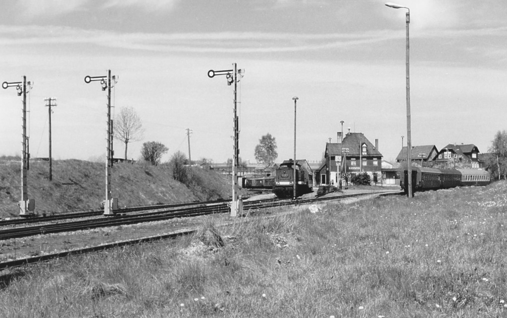 Blick nach Norden auf den Abzweigbahnhof Unterlemnitz. 114 638 wartete am 13.5.91 mit ihrem Personenzug nach Lobenstein auf den Gegenzug.