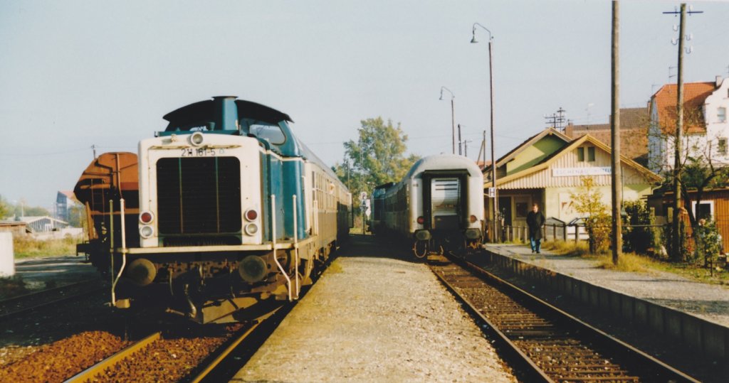 Blick nach Norden auf eine Zugkreuzung in Eschenau am 31.10.88. Das Empfangsgebude am rechten Bildrand fiel 1999 der Renovierung zum Opfer. Bild 487448 zeigt die gleiche Situation 19 Jahre spter. 

