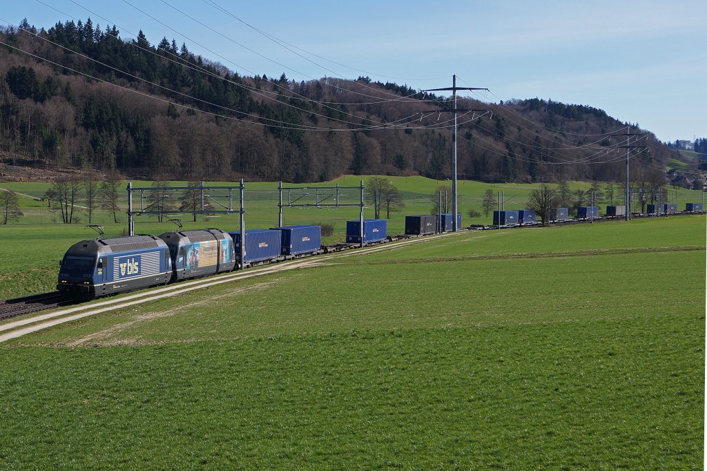 BLS:   B L A U E R    BLS Cargo Gterzug mit Re 465.013 bei Bettenhausen am 14. April 2013.  Foto: Walter Ruetsch 