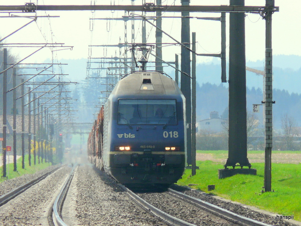 bls - Lok 465 018-0 vor Gterzug unterwegs bei Lyssach Richtung Burgdorf am 18.04.2013