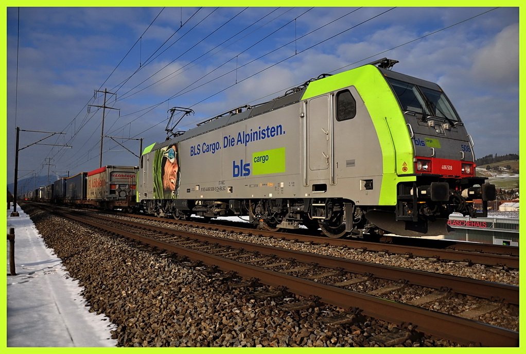 BLS Re 486 508 mit einem Gterzug unterwegs im Fricktal/Aargau. Die Wintersonne tut nicht nur dem Bild gut, sondern auch dem Fotografen. 21.01.2010 