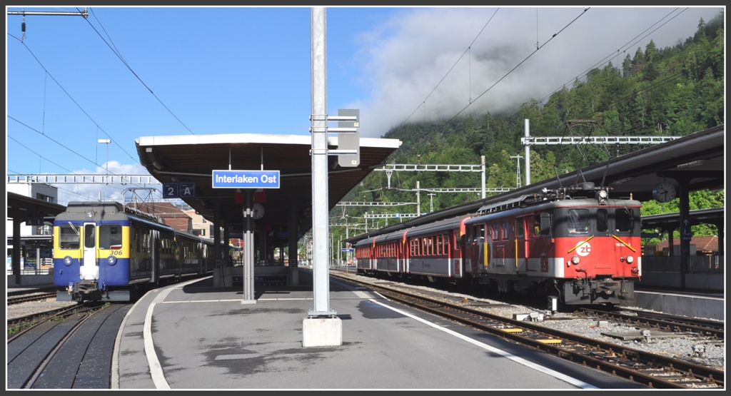 BOB ABeh 4/4 I 306 (Jahrgang 1965) und ZB De 110 002-3 (Jahrgang 1941) treffen sich in Interlaken Ost. (27.06.2012)