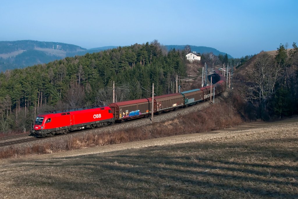 BR 1116 ist mit Zug 46738 (Tarvis - Breclav) zwischen Eichberg und Kb unterwegs und wurde am 26.02.2011 auf der Steinbauer Wiese fotografiert.
